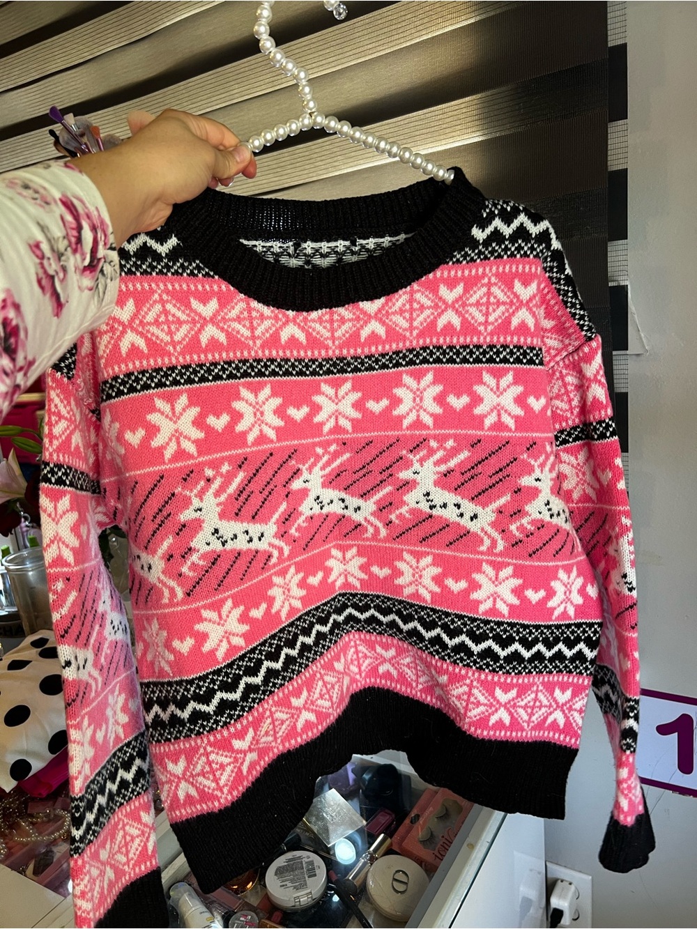 Pink Christmas sweater Fair Isle Reindeer Knit Sweater - Women
